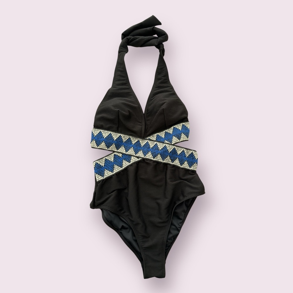Cupshe Black and Blue Patterned One Piece swimsuit NEW